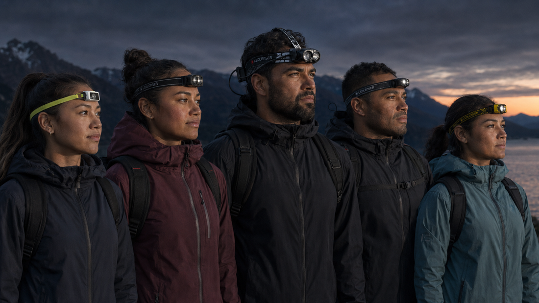 Five New Zealand adventurers wearing different Ledlenser headlamps stand together at dusk, looking towards a mountainous landscape. 