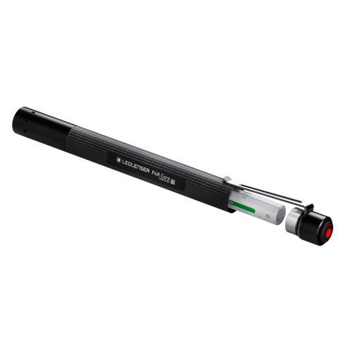 Three quarter view the Ledlenser P4R core rechargeable slimline penlight torch with end cap off and battery partially removed – Black
