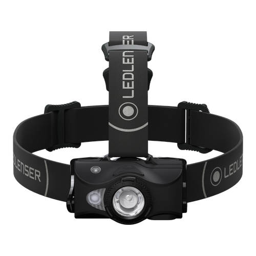 Front view of Ledlenser MH8 rechargeable headlamp with branded overhead head strap - Black | Ships Within New Zealand