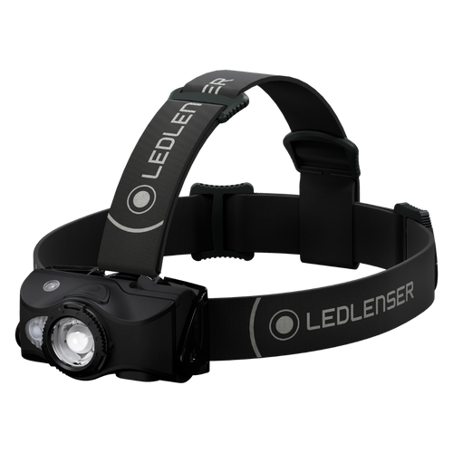 Three quarter front view of Ledlenser MH8 rechargeable headlamp with branded overhead head strap - Black