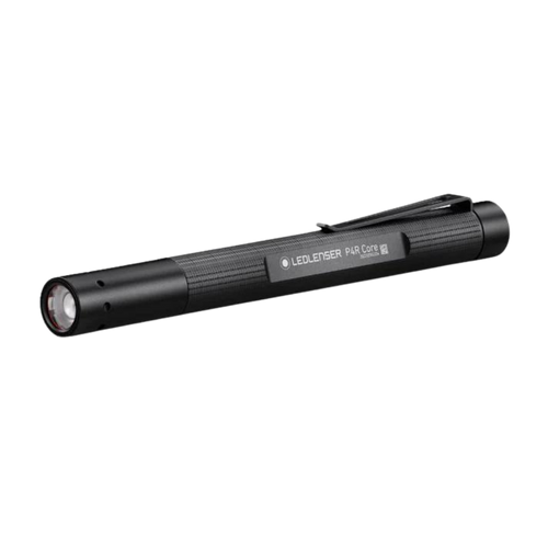 Three quarter view the Ledlenser P4R core rechargeable slimline penlight torch with lens on the left and pocket clip on side – Black | Ships Within New Zealand