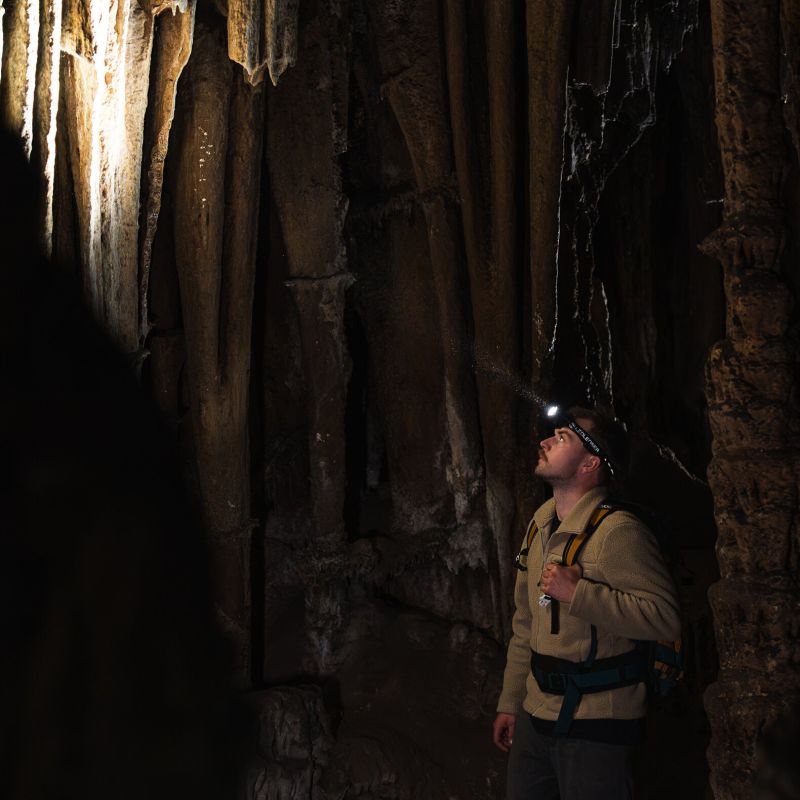 A man wearing a Ledlenser H21 headlamp and an outdoor expedition backpack stands in a dark cave looking up at stalactite formations illuminated by cave lights. 