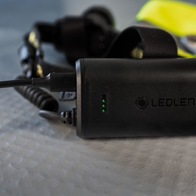Close up of battery on Ledlenser H15R Pro Headlamp