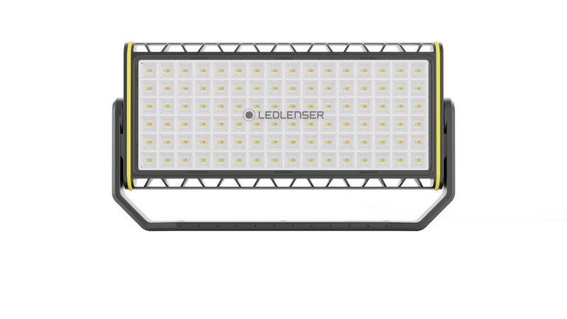 Front view of Ledlenser AF12F Work Floodlight with robust aluminium house, flexible mounting, and multi-concentrated light technology - shown at forty five degrees with stand angled behind