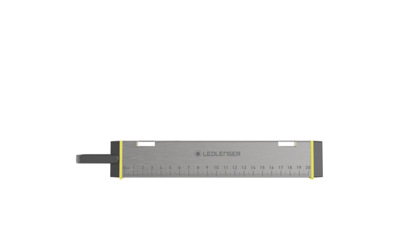 Side laying on side view of Ledlenser AF2R compact multi-purpose light tool with rubber hook for hanging