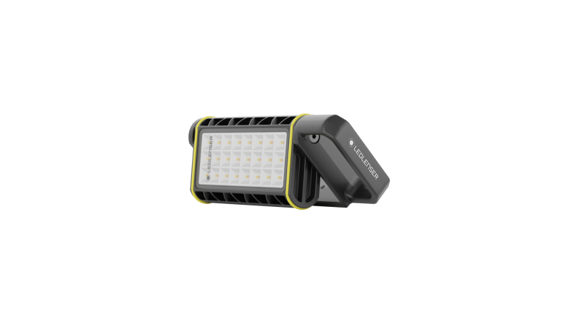 Three quarter back view of Ledlenser AF4R Work Floodlight with aluminium housing and flexible mounting - shown at an angle with mounting supporting