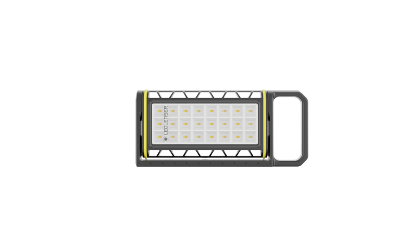 Front view of Ledlenser AF4R Work Floodlight with aluminium housing and flexible mounting - shown vertically in line with mounting