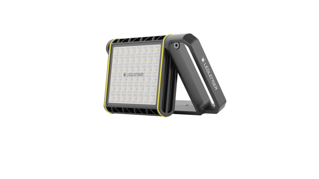 Three quarter back view of Ledlenser AF8R Work Floodlight with aluminium housing and flexible mounting - shown vertically in line with mounting