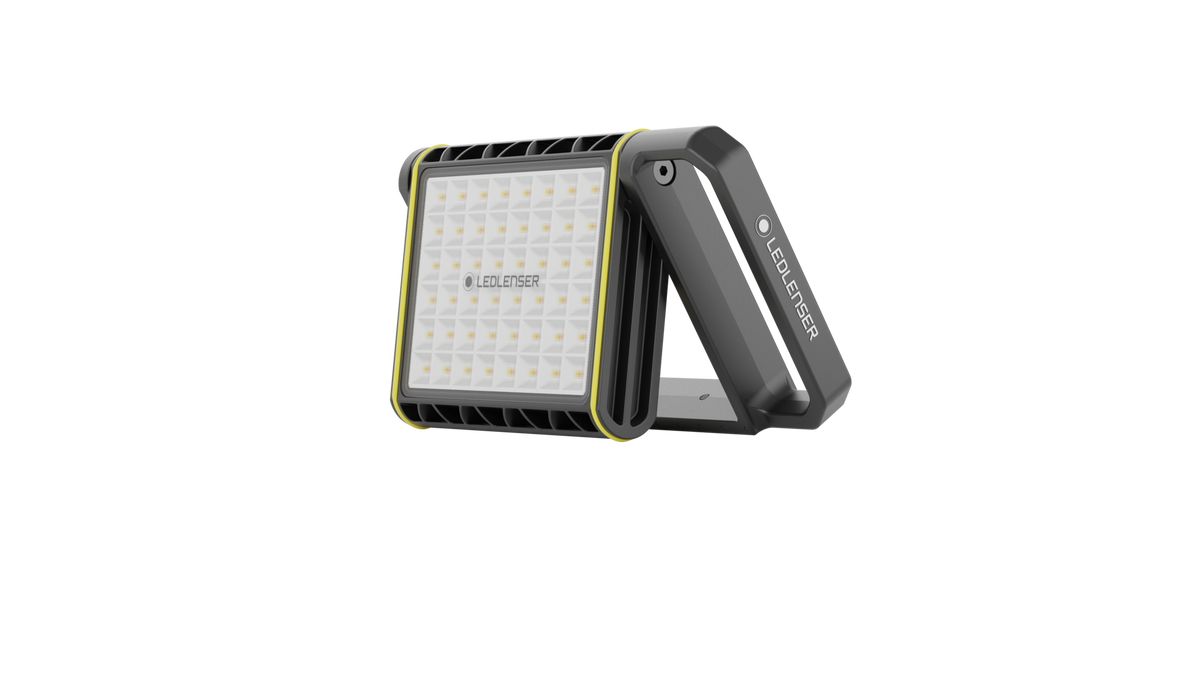 Three quarter back view of Ledlenser AF8R Work Floodlight with aluminium housing and flexible mounting - shown vertically in line with mounting
