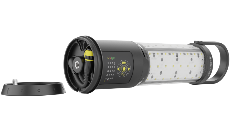 Horizontal view of Ledlenser AL10R lantern showing settings panel and silicone hook for mounting and charging port. Shown with base removed - Black
