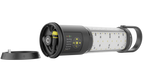 Horizontal view of Ledlenser AL10R lantern showing settings panel and silicone hook for mounting and charging port. Shown with base removed - Black