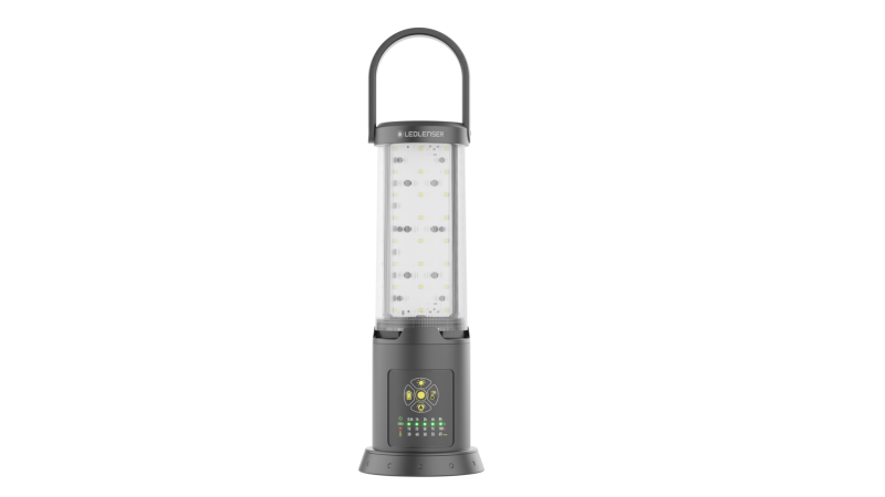 Front view of Ledlenser AL10R lantern showing settings panel and silicone hook for mounting with battery showing as fully charged - Black