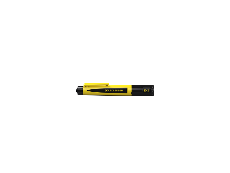 Side front view of lightweight yellow and black Ledlenser EX4 torch for use in Ex-Zone 0/20 with gas groups IIA, B or C (up to T4) or dust groups IIIA, B or C (up to T135°C)