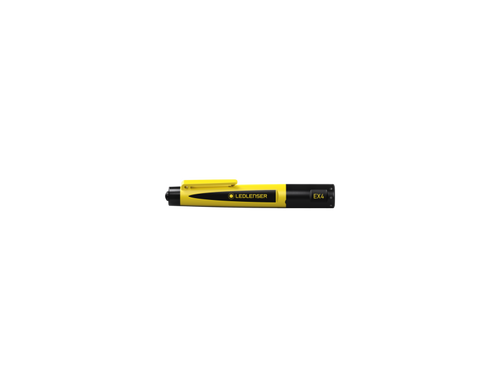 Side front view of lightweight yellow and black Ledlenser EX4 torch for use in Ex-Zone 0/20 with gas groups IIA, B or C (up to T4) or dust groups IIIA, B or C (up to T135°C)