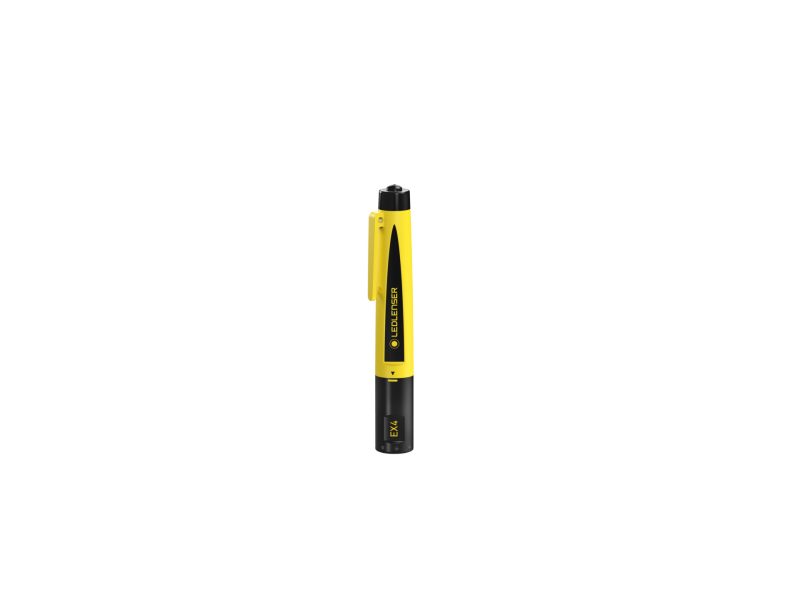 Front on end view of lightweight yellow and black Ledlenser EX4 torch for use in Ex-Zone 0/20 with gas groups IIA, B or C (up to T4) or dust groups IIIA, B or C (up to T135°C)