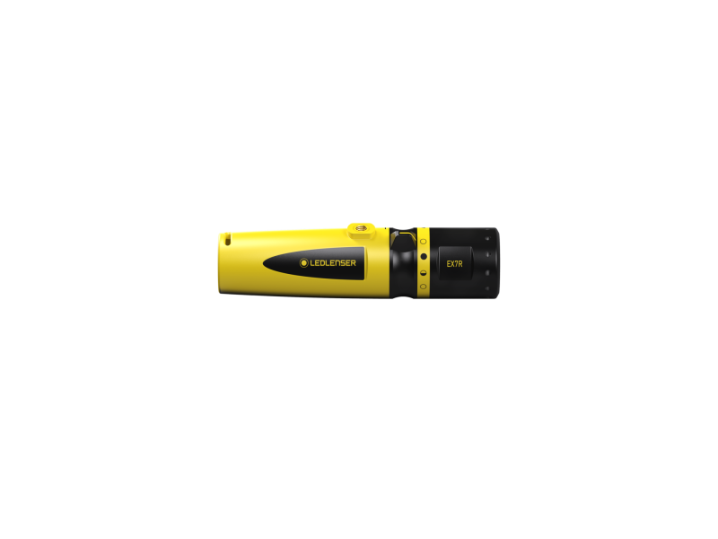 Front view of yellow and black Ledlenser EX7R rechargeable torch for use in Ex-Zone 0/21 with gas groups IIA, B or C (up to T4) or dust groups IIIA, B or C (up to T135°C)