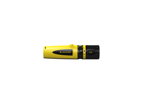 Front view of yellow and black Ledlenser EX7R rechargeable torch for use in Ex-Zone 0/21 with gas groups IIA, B or C (up to T4) or dust groups IIIA, B or C (up to T135°C)