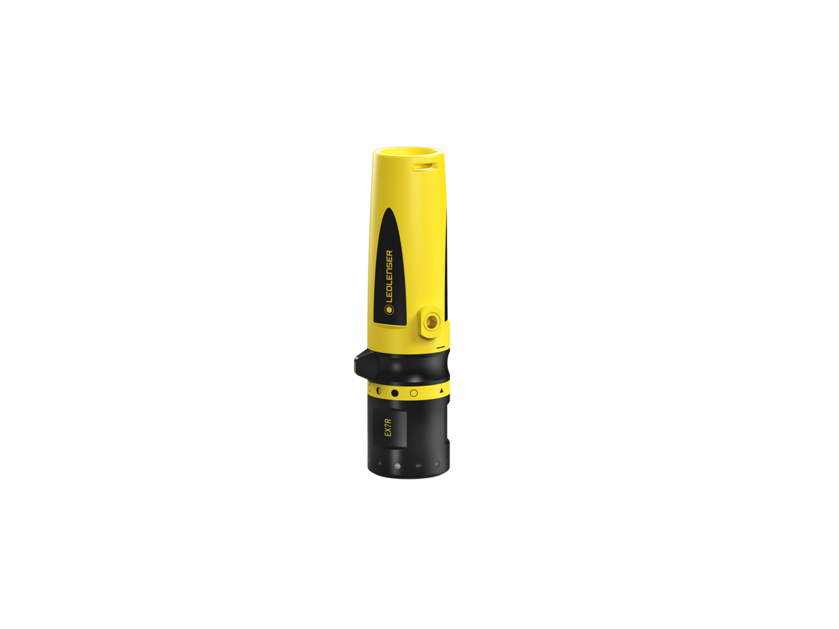 Front on end view of yellow and black Ledlenser EX7R rechargeable torch for use in Ex-Zone 0/21 with gas groups IIA, B or C (up to T4) or dust groups IIIA, B or C (up to T135°C)