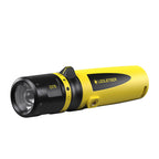Three quarter front view of yellow and black Ledlenser EX7R rechargeable torch for use in Ex-Zone 0/21 with gas groups IIA, B or C (up to T4) or dust groups IIIA, B or C (up to T135°C) | Ships Within New Zealand