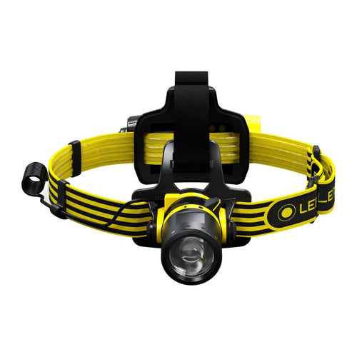 Front view of compact, yellow and black Ledlenser EXH8 intrinsically safe ATEX headlamp with integrated battery at back of head 