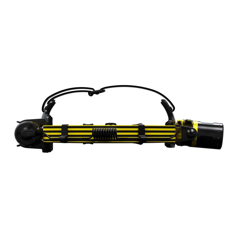 Side view of compact, yellow and black Ledlenser EXH8 intrinsically safe ATEX headlamp with integrated battery at back of head and overhead strap