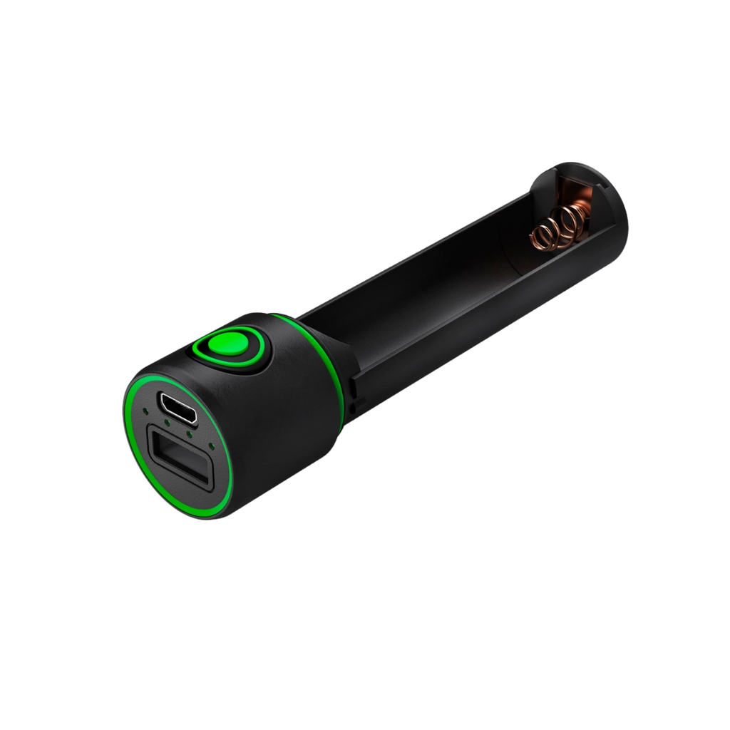 Three quarter view of cylindrical Ledlenser Powerbank Flex3 with green on/off button on side of barrel and charging ports on end. Shown with cover removed to veal battery space (empty) – Black 