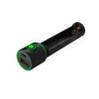 Three quarter view of cylindrical Ledlenser Powerbank Flex3 with green on/off button on side of barrel and charging ports on end. Shown with cover removed to veal battery space (empty) – Black 