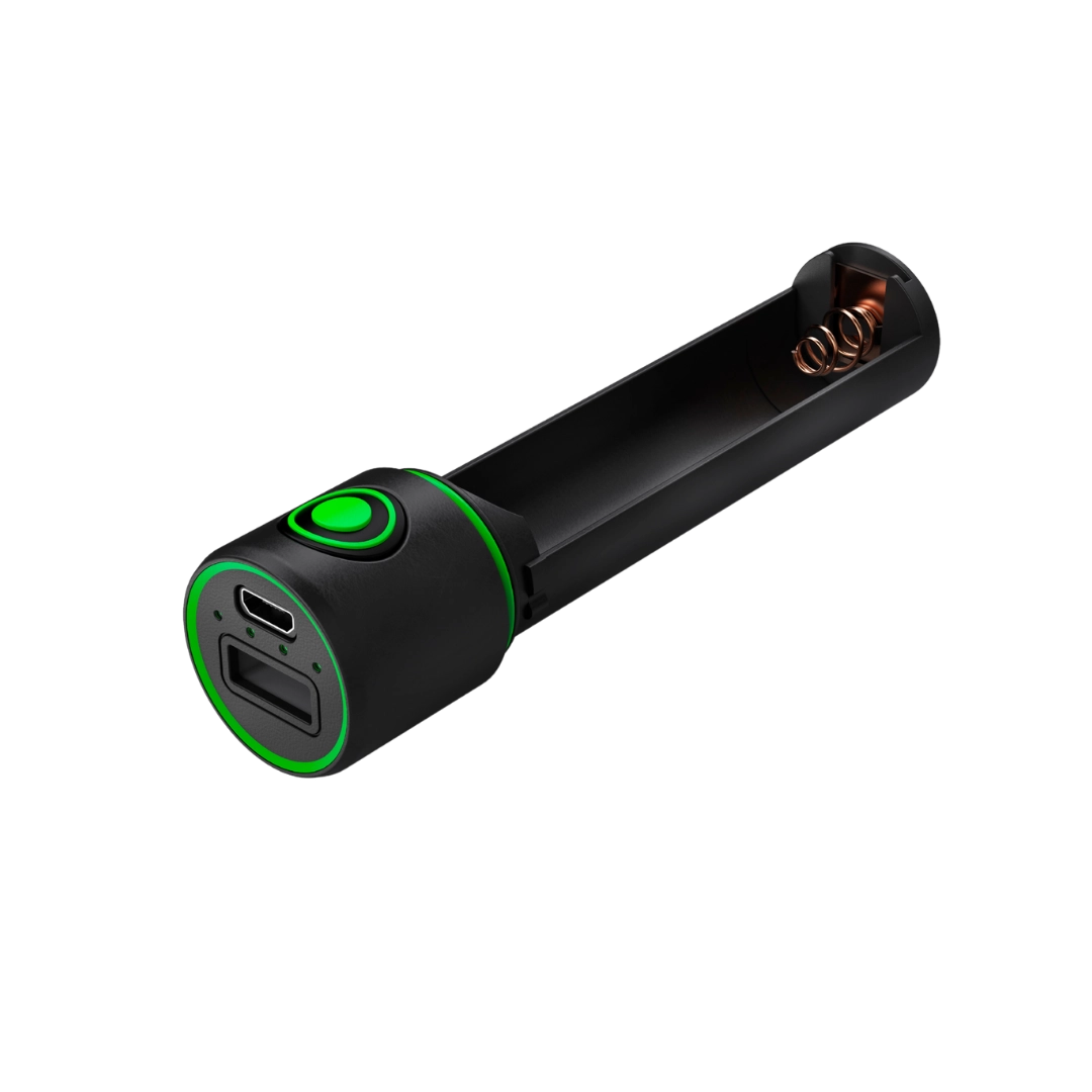 Three quarter view of cylindrical Ledlenser Powerbank Flex3 with green on/off button on side of barrel and charging ports on end. Shown with cover removed to veal battery space (empty) – Black 