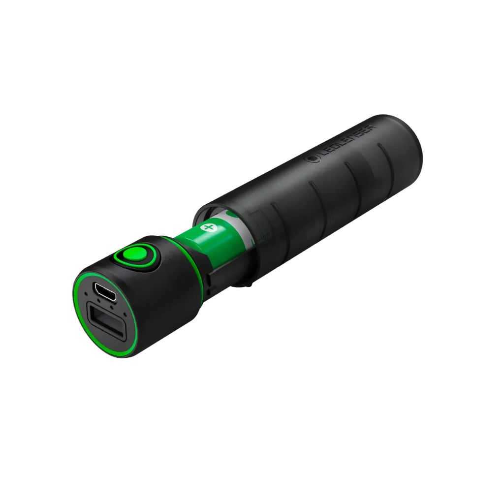 Three quarter view of cylindrical Ledlenser Powerbank Flex3 with green on/off button on side of barrel and charging ports on end. Shown partially opened to reveal battery inside – Black 