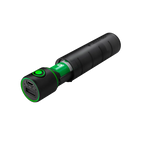 Three quarter view of cylindrical Ledlenser Powerbank Flex3 with green on/off button on side of barrel and charging ports on end. Shown partially opened to reveal battery inside – Black 