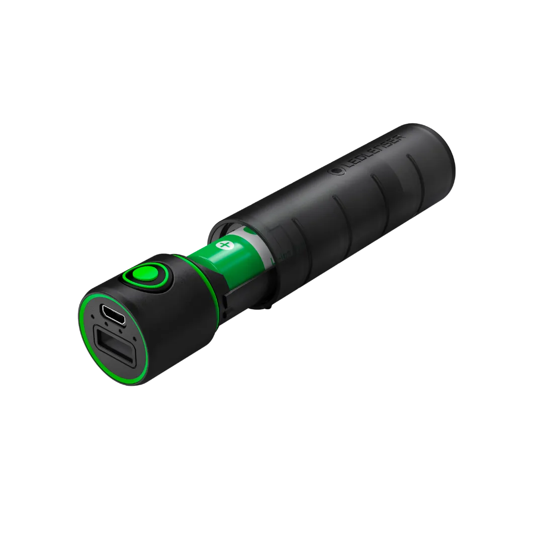 Three quarter view of cylindrical Ledlenser Powerbank Flex3 with green on/off button on side of barrel and charging ports on end. Shown partially opened to reveal battery inside – Black 