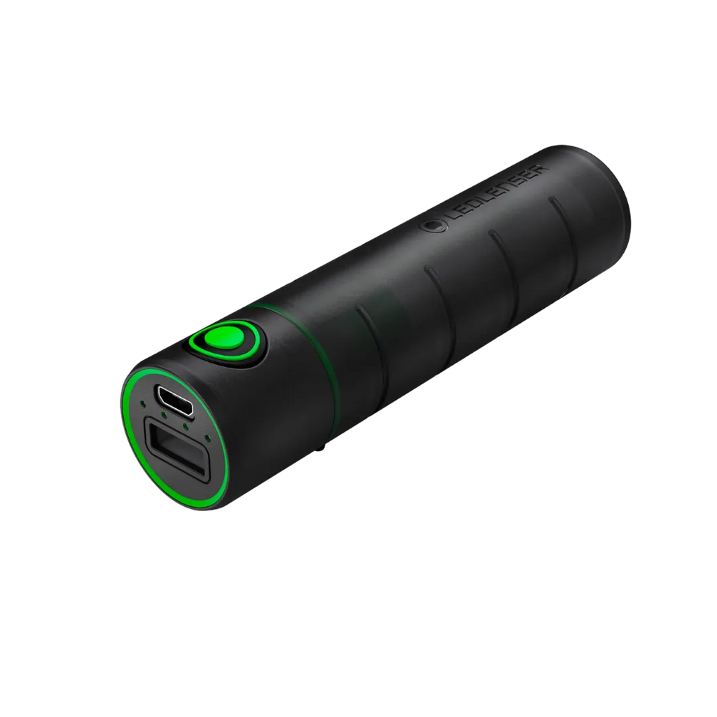 Three quarter view of cylindrical Ledlenser Powerbank Flex3 with green on/off button on side of barrel and charging ports on end – Black | Ships Within New Zealand