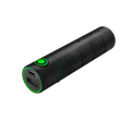 Three quarter view of cylindrical Ledlenser Powerbank Flex3 with green on/off button on side of barrel and charging ports on end – Black | Ships Within New Zealand