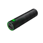 Three quarter view of cylindrical Ledlenser Powerbank Flex3 with green on/off button on side of barrel and charging ports on end – Black | Ships Within New Zealand