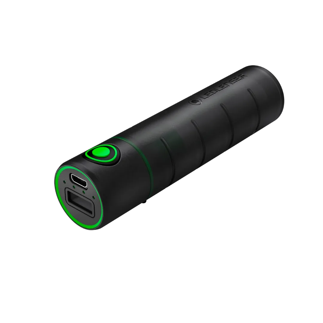 Three quarter view of cylindrical Ledlenser Powerbank Flex3 with green on/off button on side of barrel and charging ports on end – Black | Ships Within New Zealand
