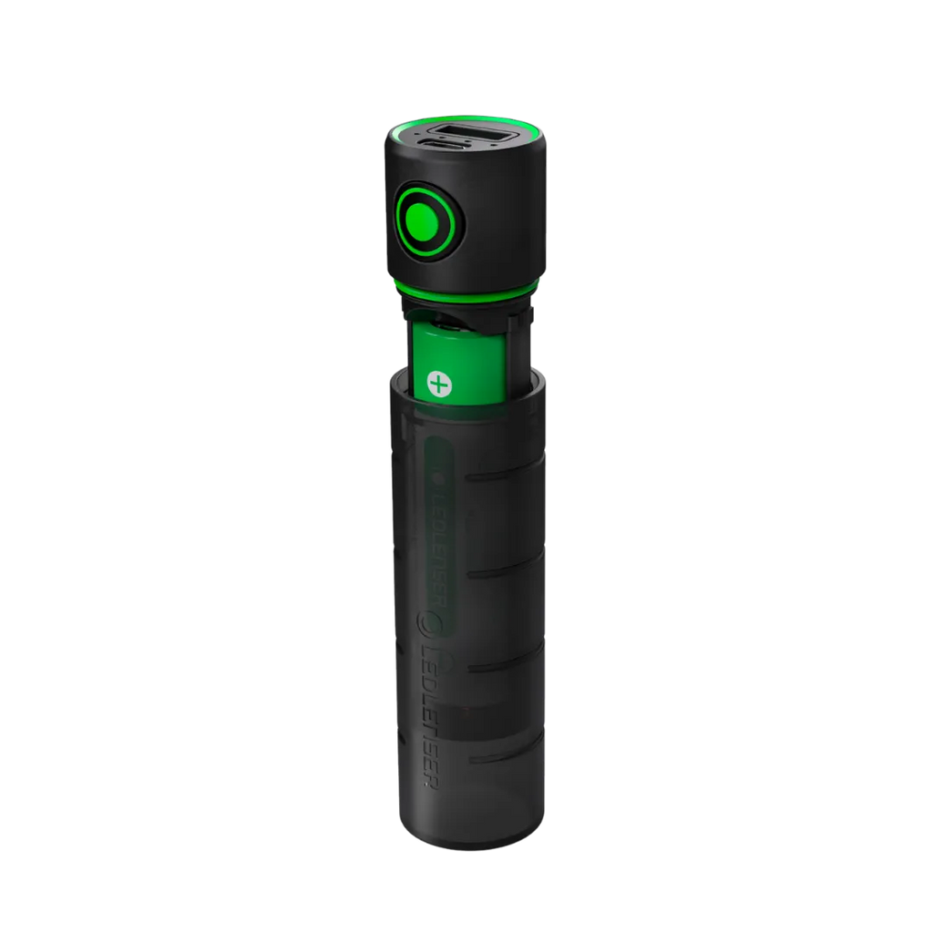 Vertical view of cylindrical Ledlenser Powerbank Flex3 with green on/off button on side of barrel and charging ports on end. Shown partially opened to reveal battery inside – Black 