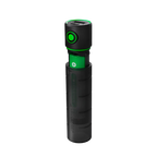 Vertical view of cylindrical Ledlenser Powerbank Flex3 with green on/off button on side of barrel and charging ports on end. Shown partially opened to reveal battery inside – Black 
