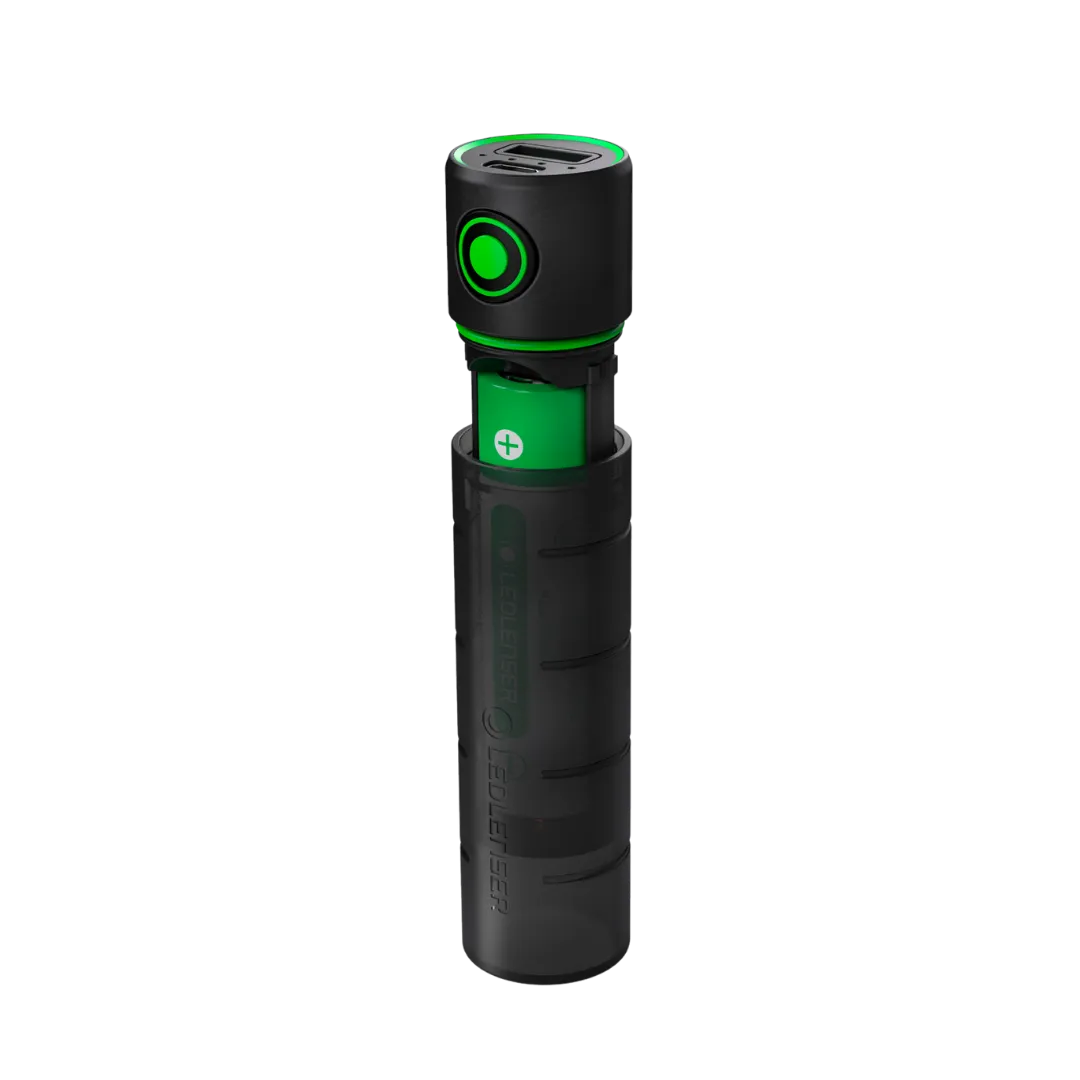 Vertical view of cylindrical Ledlenser Powerbank Flex3 with green on/off button on side of barrel and charging ports on end. Shown partially opened to reveal battery inside – Black 