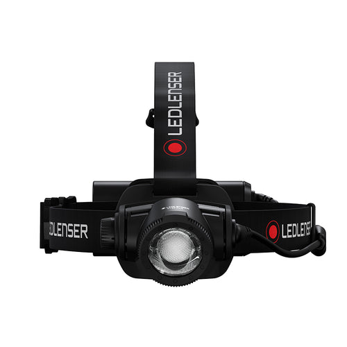 Front view of Ledlenser H15R Core rechargeable headlamp with branded overhead strap and battery pack - Black | Ships Within New Zealand