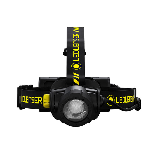 Front view of Ledlenser H15R Work rechargeable headlamp with yellow/black branded overhead strap and battery pack - Black | Ships Within New Zealand