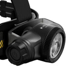 A close-up studio shot of a black Ledlenser H19R Pro headlamp with a textured front lens, power button, and part of the adjustable head strap on a white background.