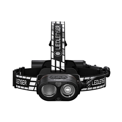 Front view of Ledlenser H19R Signature rechargeable headlamp with dual light sources, black/white branded overhead strap and battery pack - Black | Ships Within New Zealand
