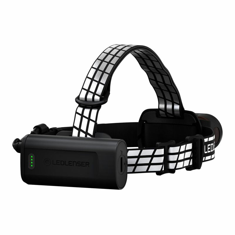 Close up of battery on H19R Signature Rechargeable Headlamp - Black with Black/White head strap