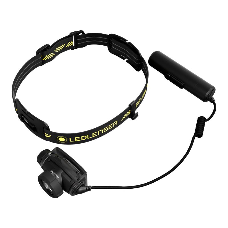 A Ledlenser H5R Pro headlamp with a flexible headband, a separate cylindrical battery pack, and a connecting cable, shown on a plain white background. The headband features the Ledlenser logo in yellow