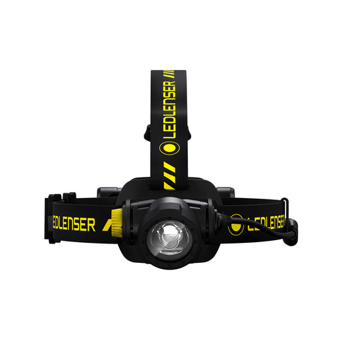 Front view of Ledlenser H7R Work rechargeable headlamp with yellow/black branded overhead strap and battery pack on back | Ships Within New Zealand