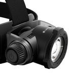 Close up of the head unit on a Ledlenser H7R headlamp with on/off switch to the left and focus dial at from of lense