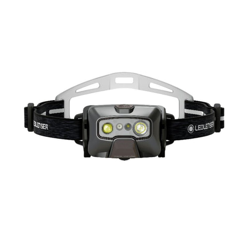 Front view of Ledlenser HF6R Signature rechargeable headlamp with branded head strap with silicone comfort pad at back - Black | Ships Within New Zealand