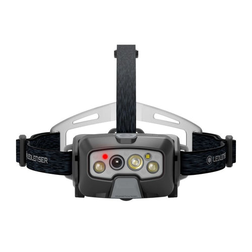Front view of Ledlenser HF8R Core rechargeable headlamp with branded overhead head strap with silicone comfort pad at back with red light showing – Black  