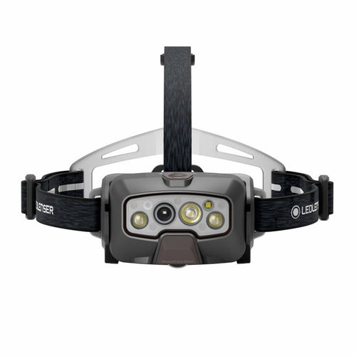 Front view of Ledlenser HF8R Signature rechargeable headlamp with branded overhead head strap with silicone comfort pad at back – Black | Ships Within New Zealand 
