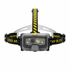 Front view of Ledlenser HF8R Work rechargeable headlamp with overhead yellow/black branded head strap with silicone comfort pad at back – Black 